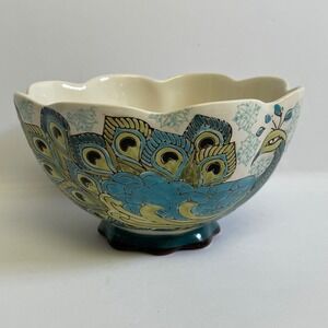 Dutch Wax Peacock Ceramic Soup Bowl Large Blue Excellent